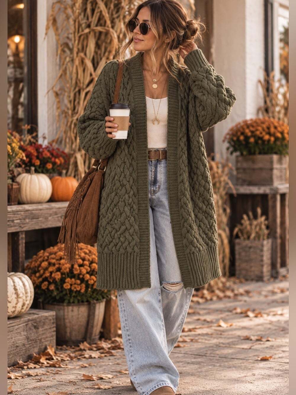 BoHo Olive Green Cable Knit Longline Made in Türkiye Cardigan Wool Blend M/L